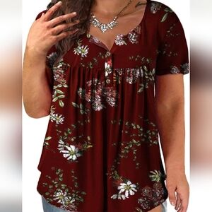 Womens Plus Size Henley Shirts Flowy Tops Pleated Buttons Up Tunics 2XL Burgundy